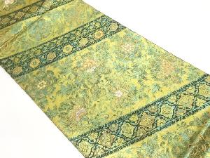 服部織物製　こはく錦二重箔織手工芸斜め横段に花唐草模様織出し袋帯